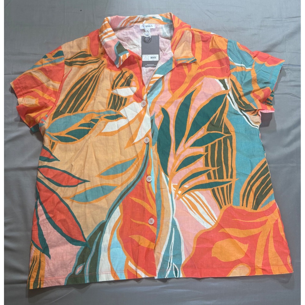 Vitamin A Tropical Leaf Linen Blend Button Down Shirt Orange Pink XL NEW